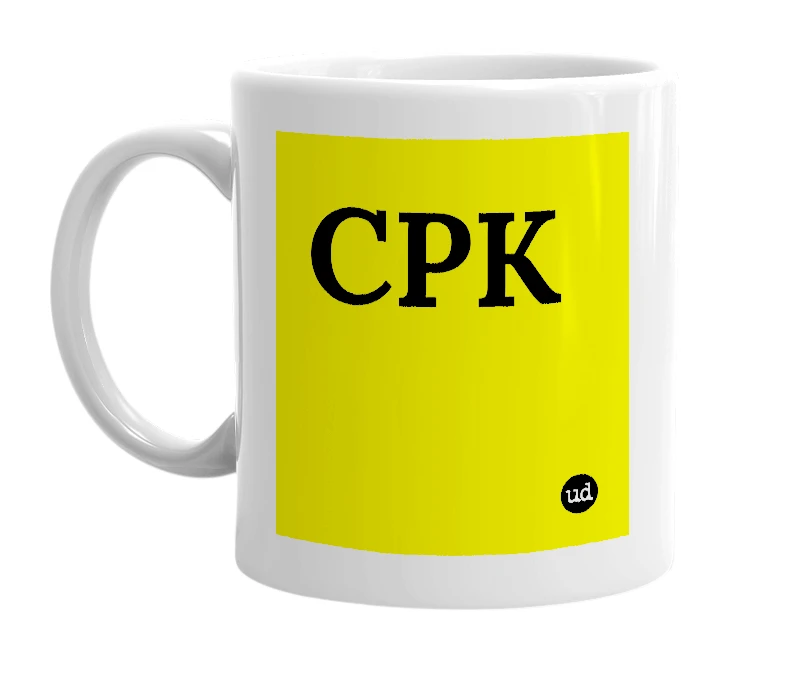 White mug with 'CPK' in bold black letters