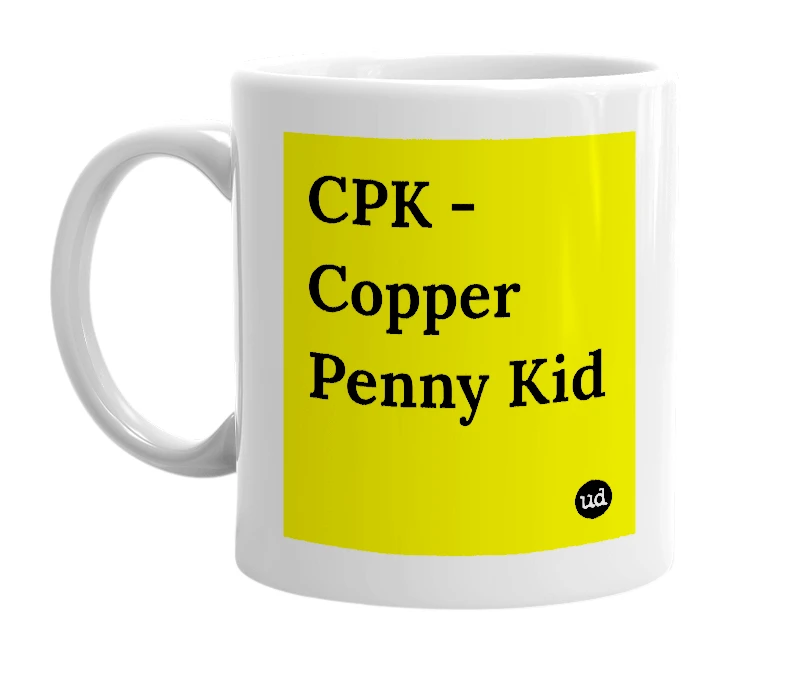 White mug with 'CPK - Copper Penny Kid' in bold black letters
