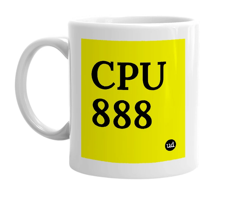 White mug with 'CPU 888' in bold black letters