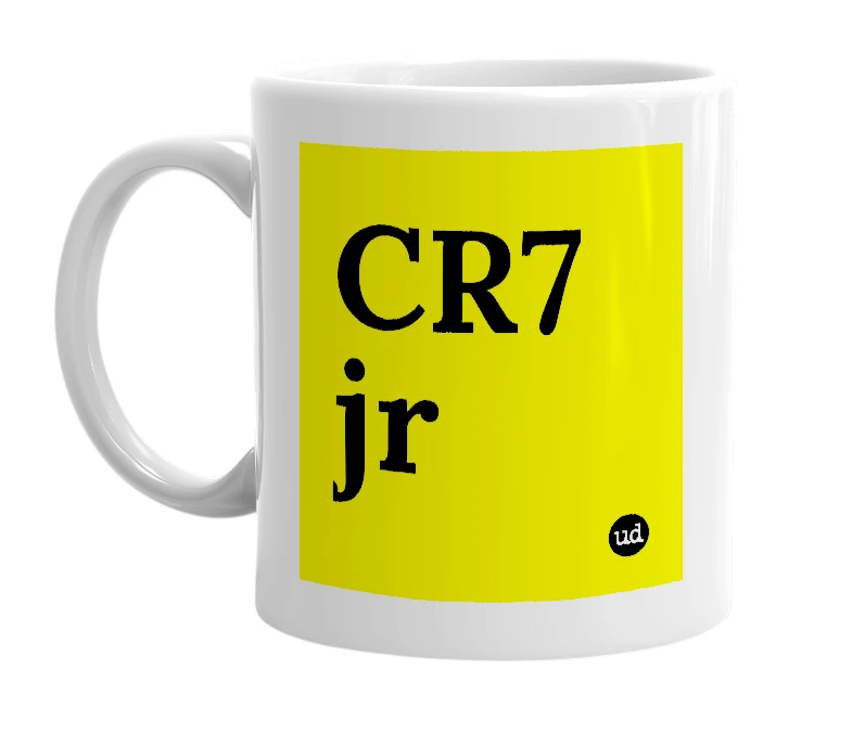 White mug with 'CR7 jr' in bold black letters