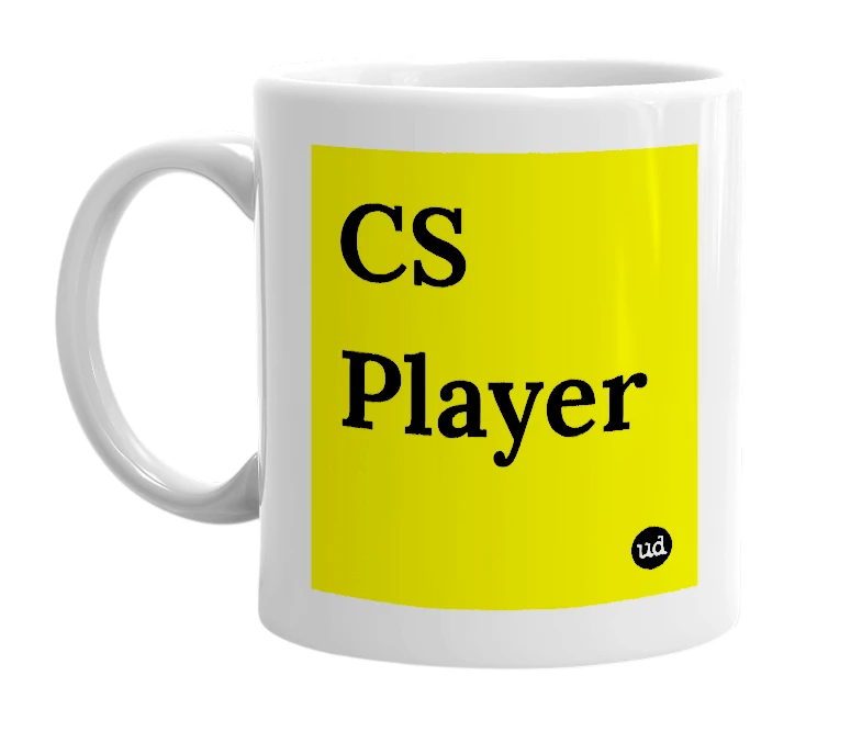 White mug with 'CS Player' in bold black letters