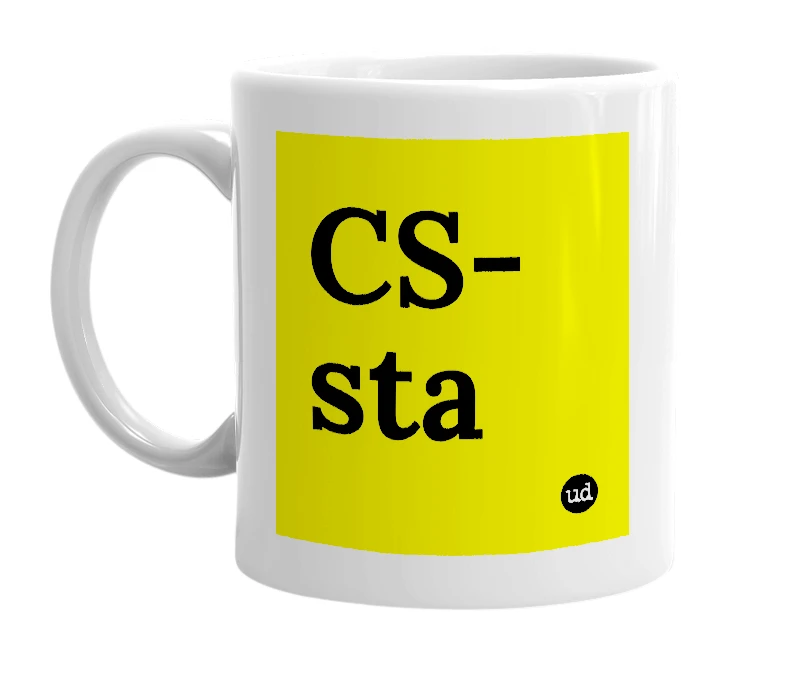 White mug with 'CS-sta' in bold black letters