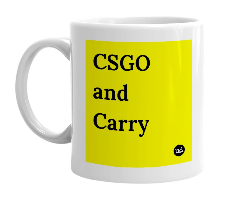 White mug with 'CSGO and Carry' in bold black letters