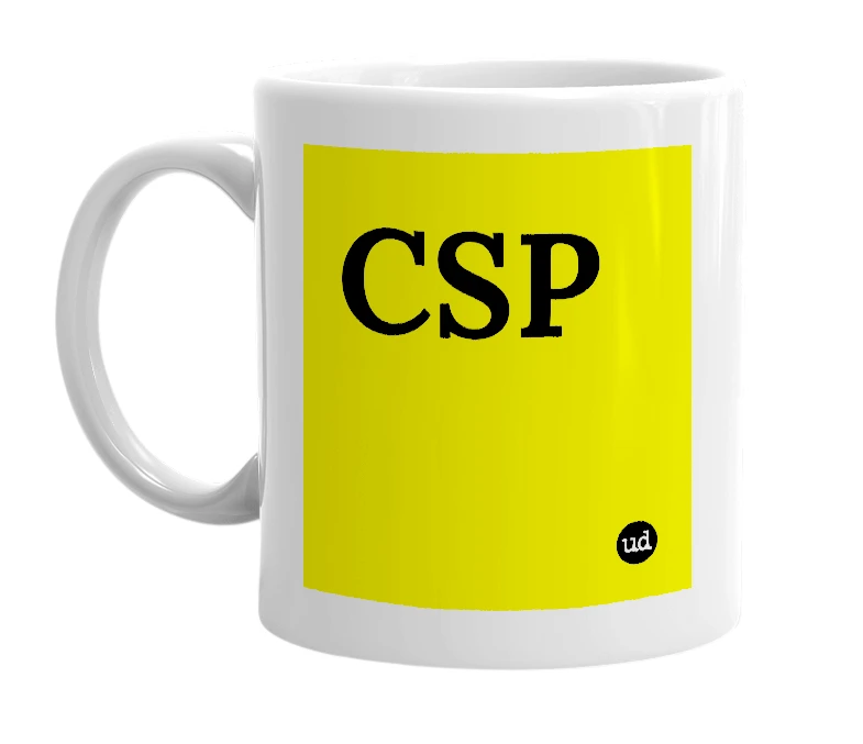 White mug with 'CSP' in bold black letters