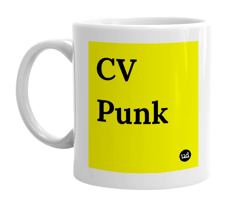 White mug with 'CV Punk' in bold black letters