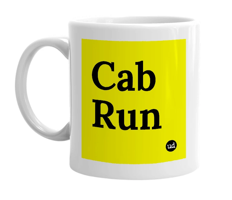 White mug with 'Cab Run' in bold black letters