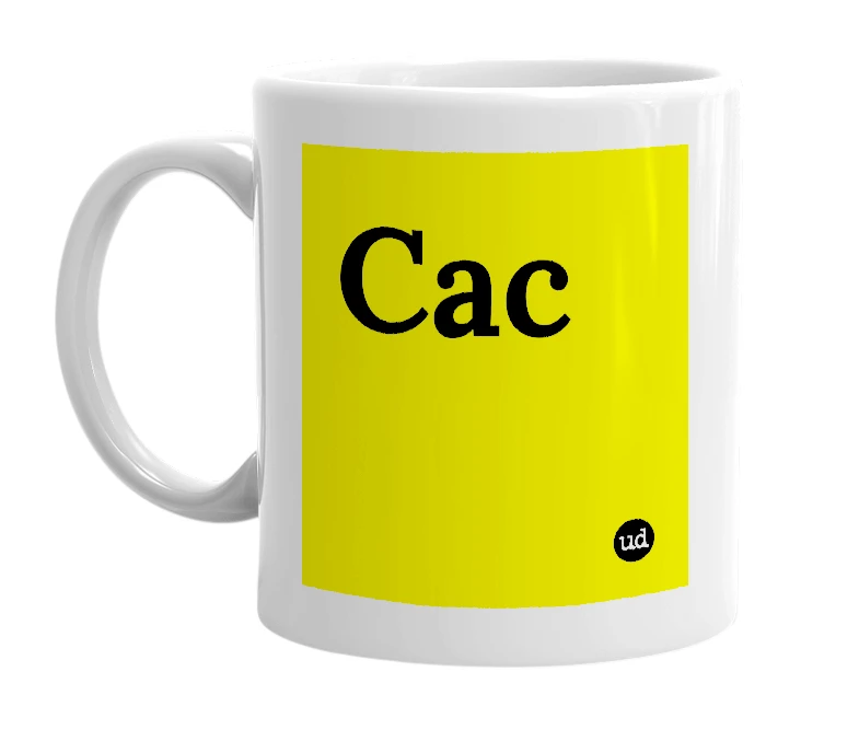 White mug with 'Cac' in bold black letters