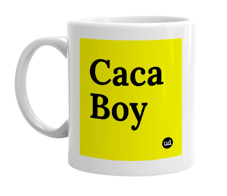 White mug with 'Caca Boy' in bold black letters