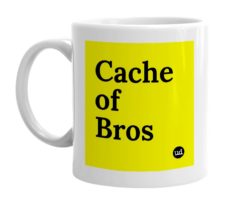 White mug with 'Cache of Bros' in bold black letters