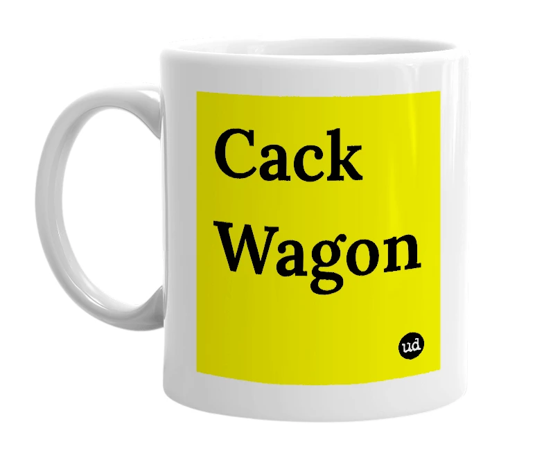 White mug with 'Cack Wagon' in bold black letters