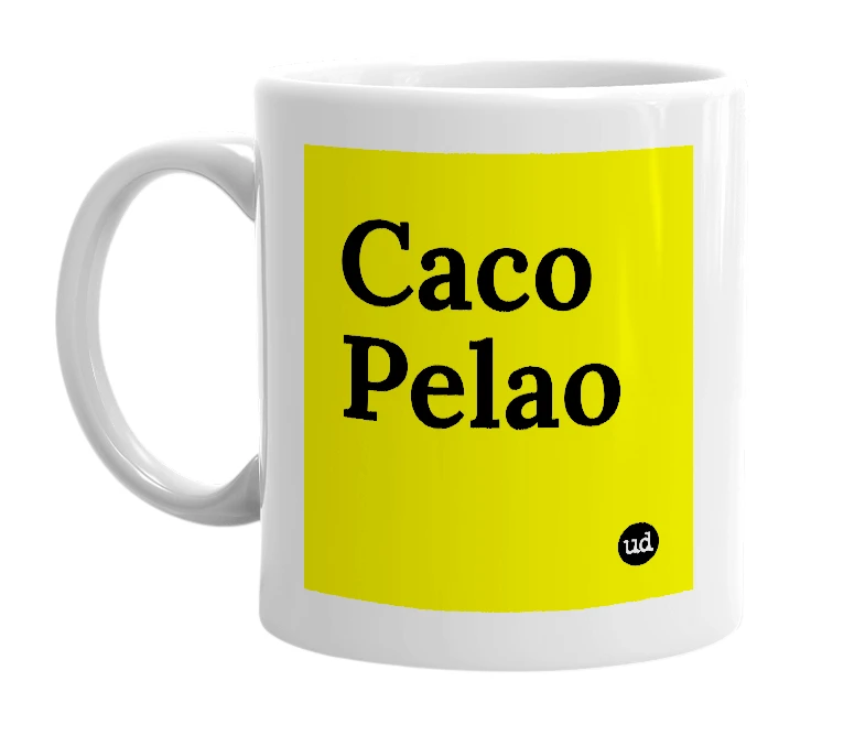 White mug with 'Caco Pelao' in bold black letters