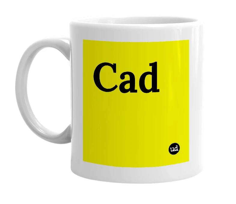 White mug with 'Cad' in bold black letters