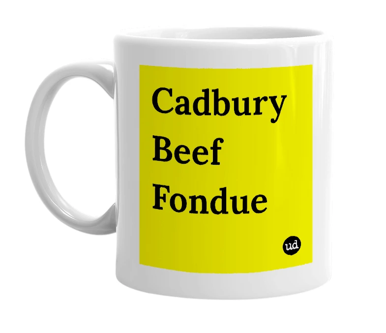 White mug with 'Cadbury Beef Fondue' in bold black letters