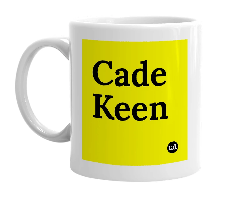 White mug with 'Cade Keen' in bold black letters