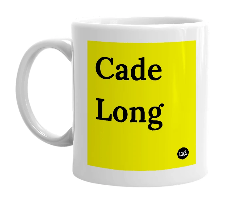 White mug with 'Cade Long' in bold black letters
