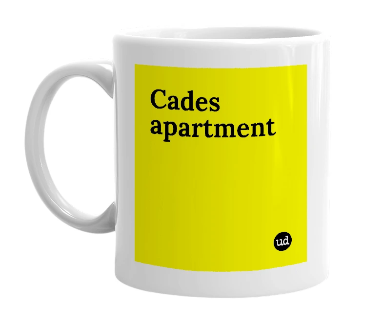 White mug with 'Cades apartment' in bold black letters