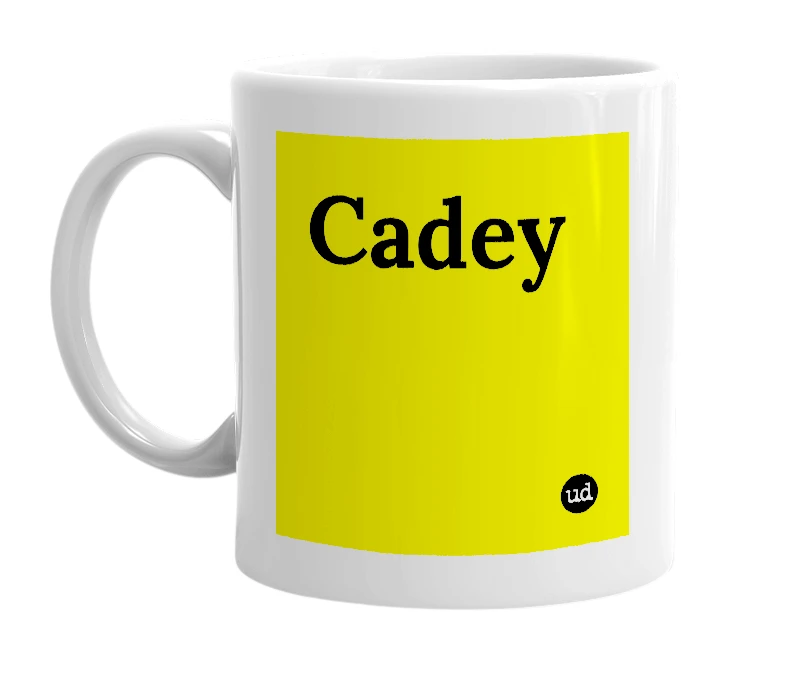 White mug with 'Cadey' in bold black letters