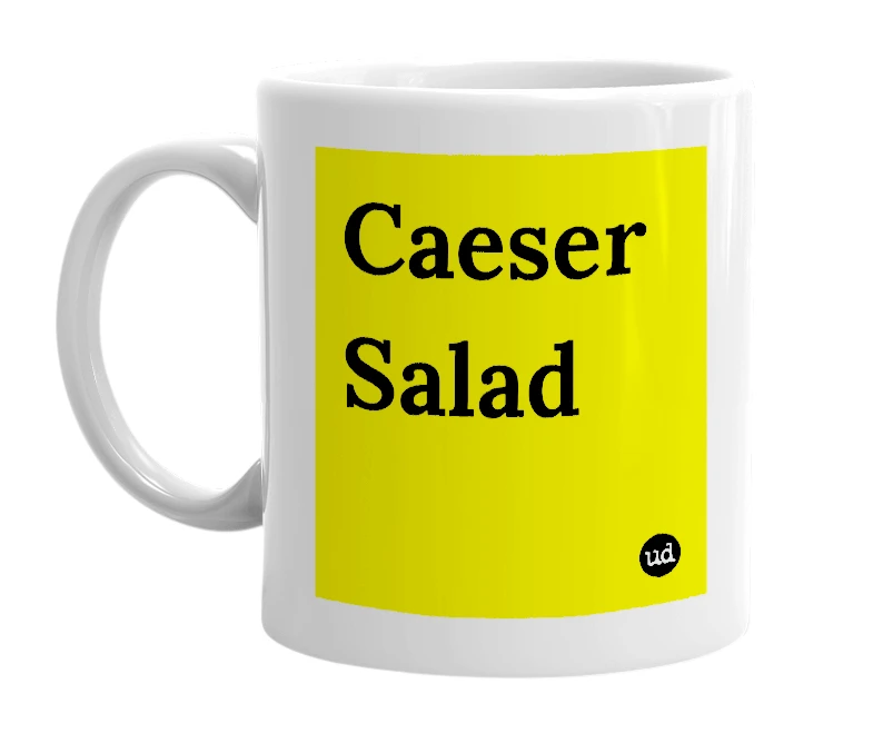 White mug with 'Caeser Salad' in bold black letters