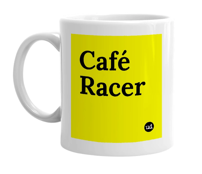 White mug with 'Café Racer' in bold black letters