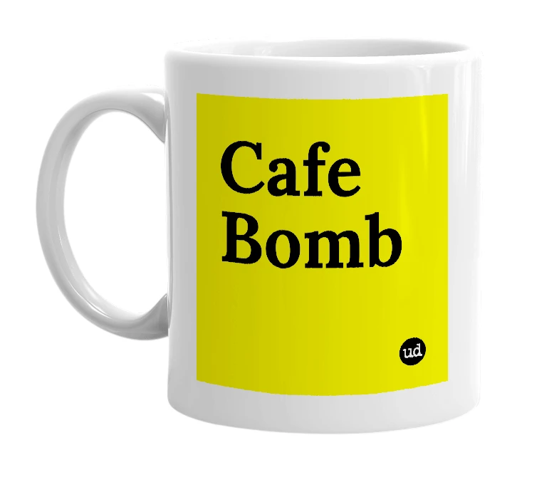 White mug with 'Cafe Bomb' in bold black letters