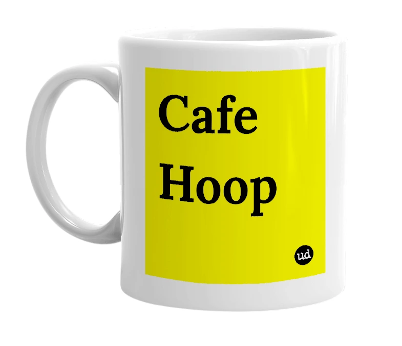 White mug with 'Cafe Hoop' in bold black letters