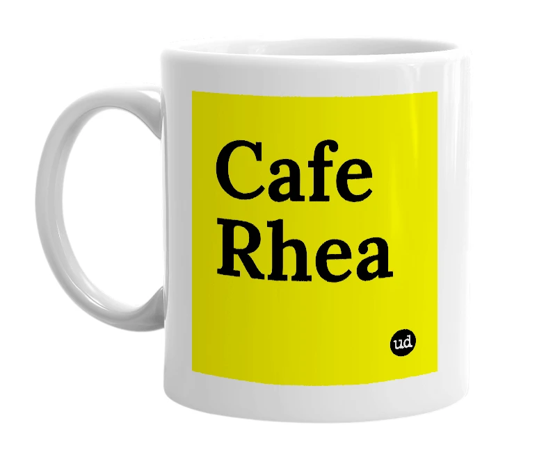 White mug with 'Cafe Rhea' in bold black letters