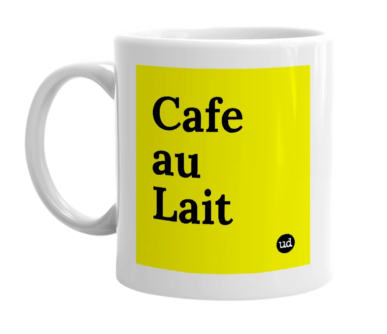 White mug with 'Cafe au Lait' in bold black letters