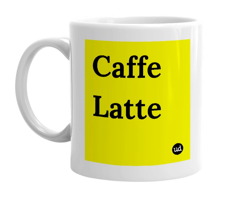 White mug with 'Caffe Latte' in bold black letters