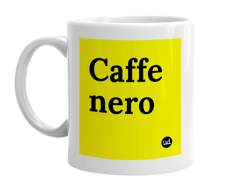 White mug with 'Caffe nero' in bold black letters