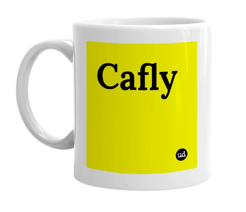 White mug with 'Cafly' in bold black letters