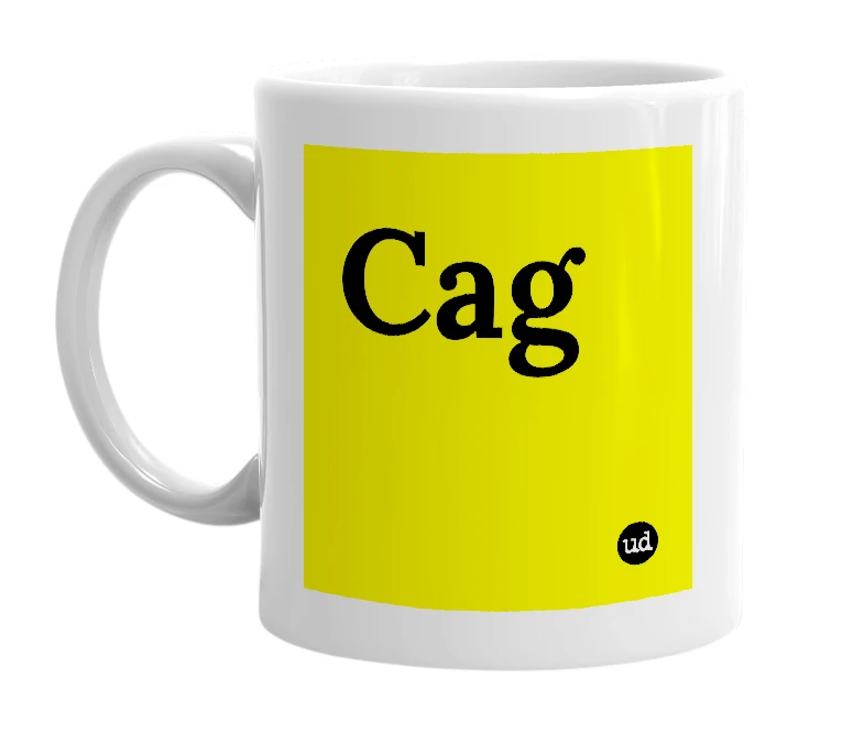 White mug with 'Cag' in bold black letters