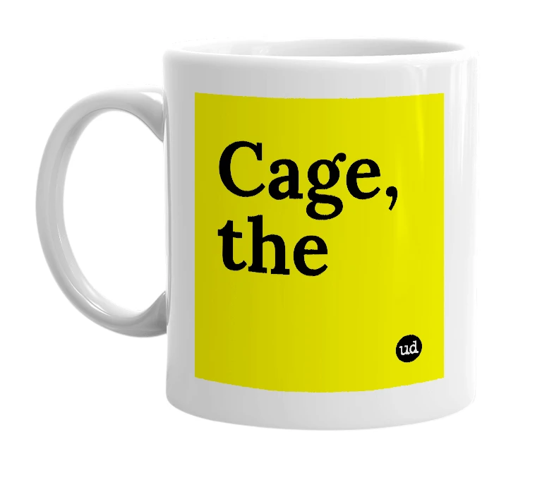 White mug with 'Cage, the' in bold black letters