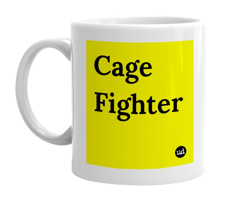 White mug with 'Cage Fighter' in bold black letters