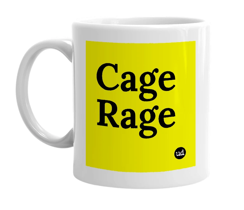 White mug with 'Cage Rage' in bold black letters