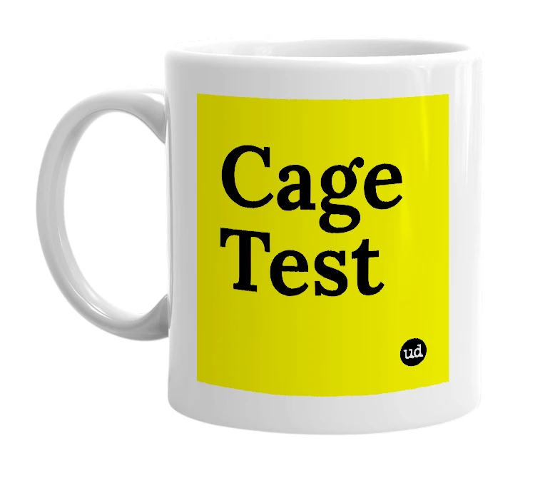White mug with 'Cage Test' in bold black letters