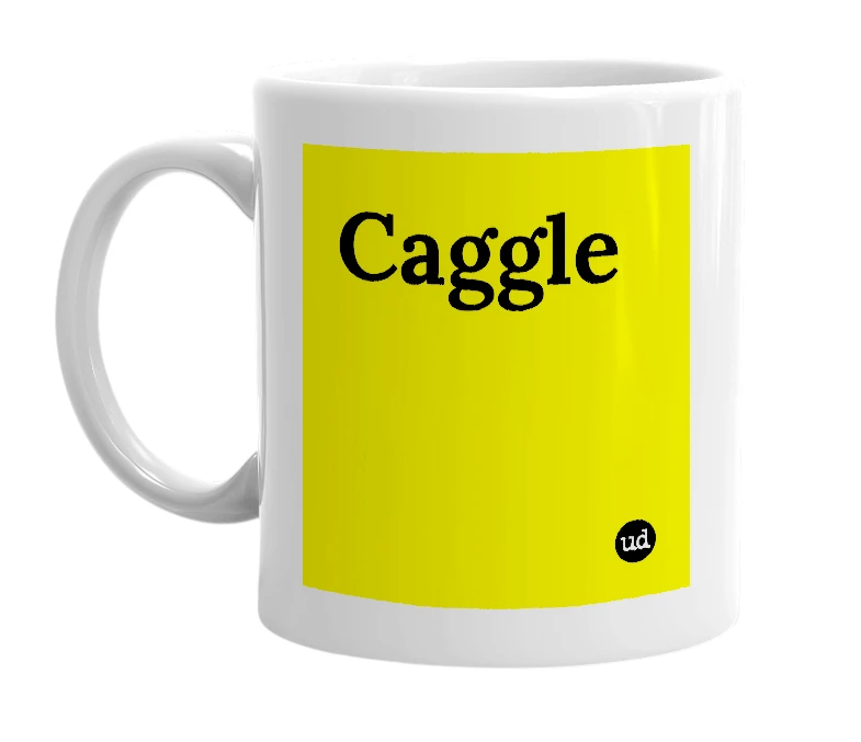 White mug with 'Caggle' in bold black letters