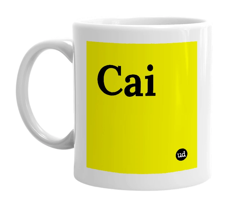 White mug with 'Cai' in bold black letters