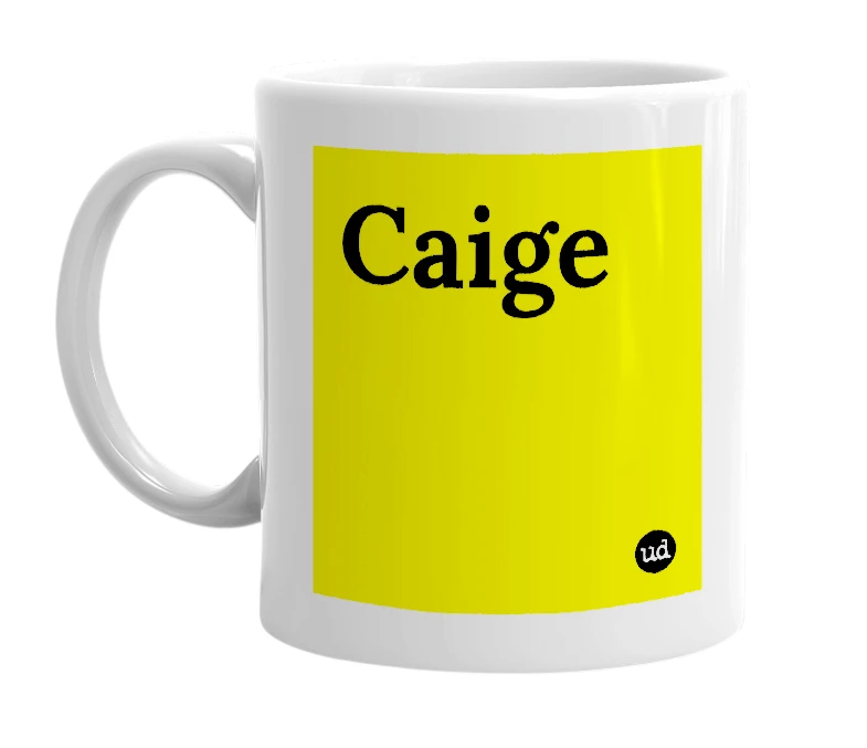 White mug with 'Caige' in bold black letters