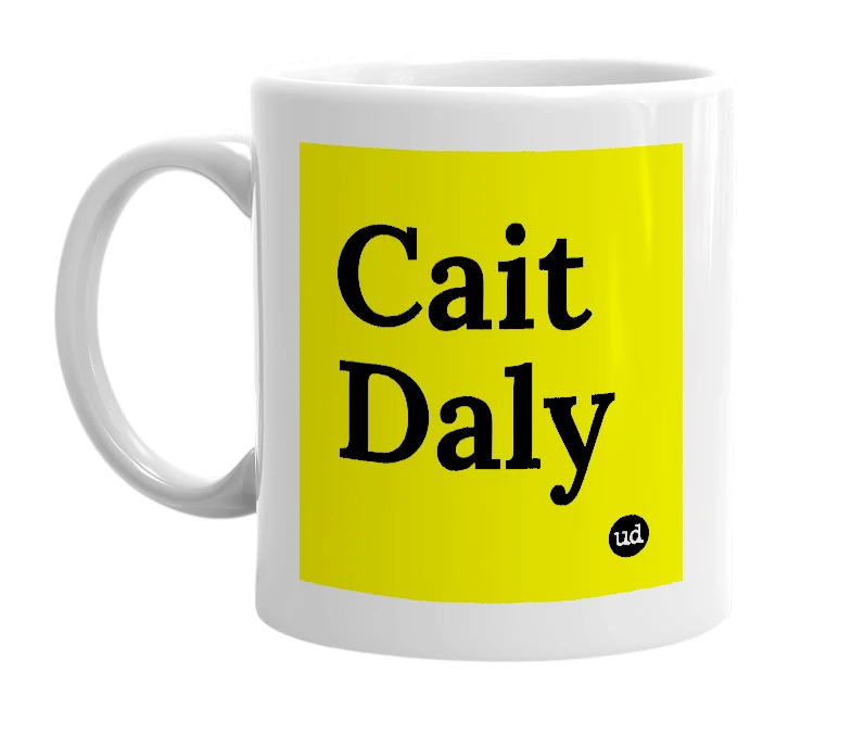 White mug with 'Cait Daly' in bold black letters