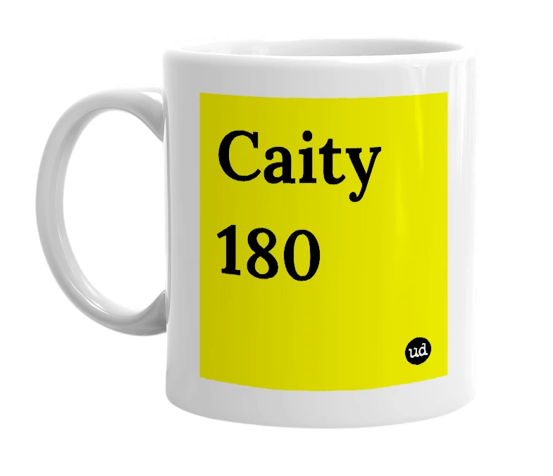 White mug with 'Caity 180' in bold black letters