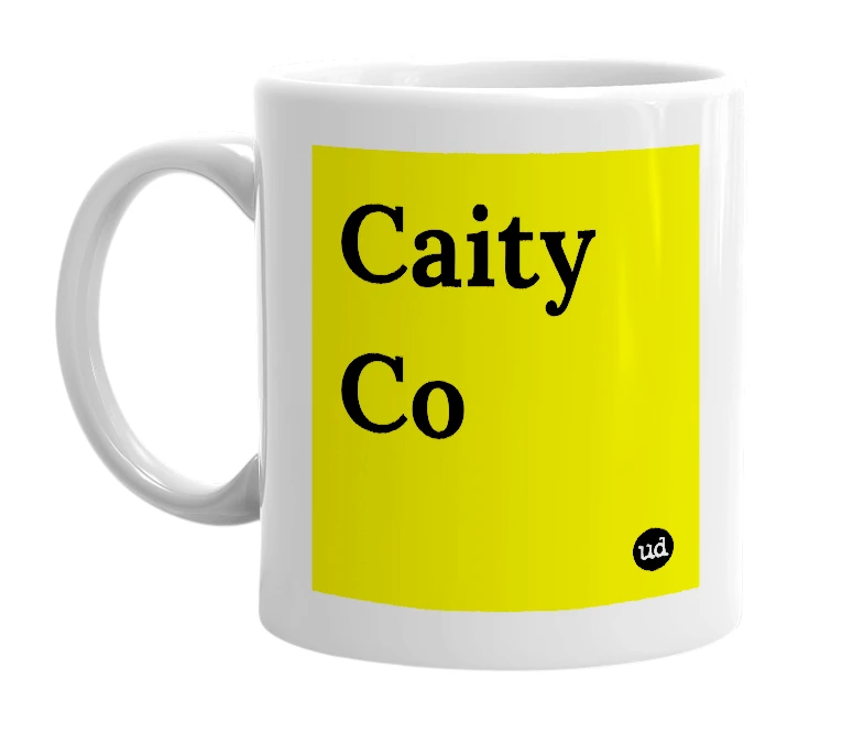 White mug with 'Caity Co' in bold black letters