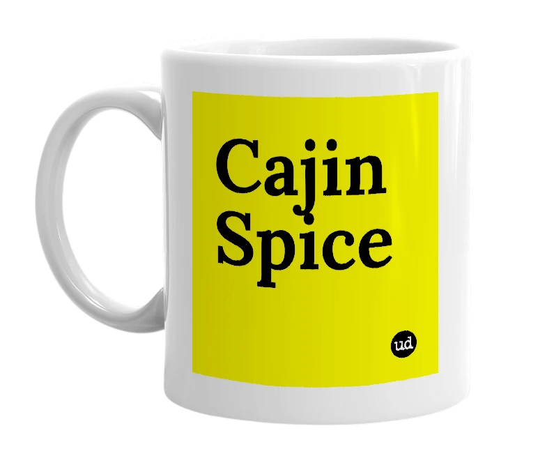 White mug with 'Cajin Spice' in bold black letters