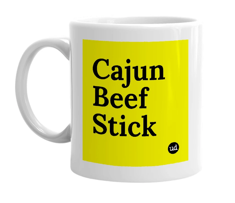 White mug with 'Cajun Beef Stick' in bold black letters