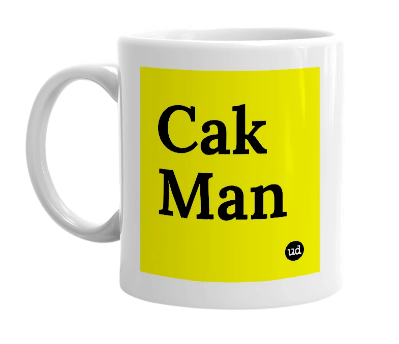 White mug with 'Cak Man' in bold black letters