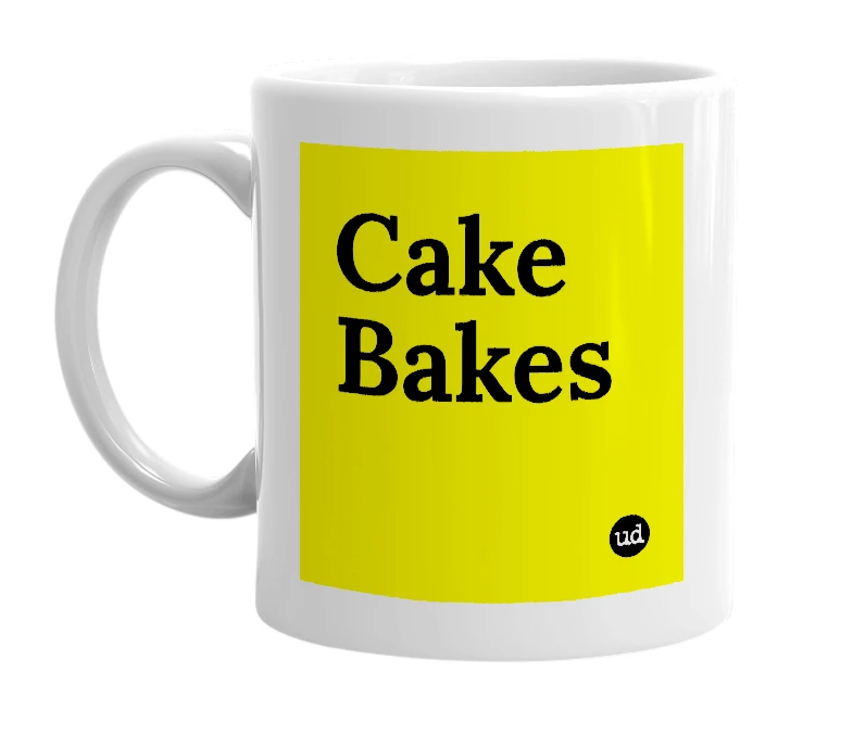 White mug with 'Cake Bakes' in bold black letters