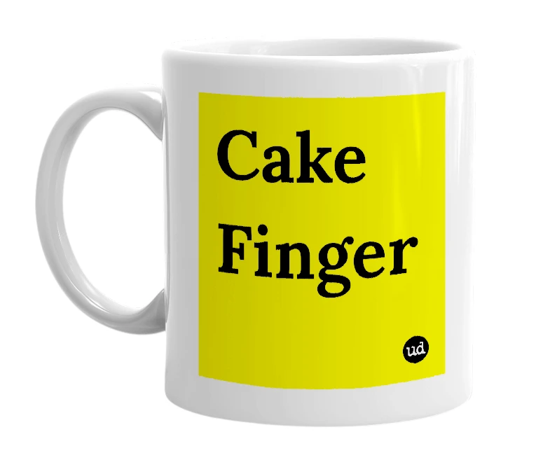 White mug with 'Cake Finger' in bold black letters