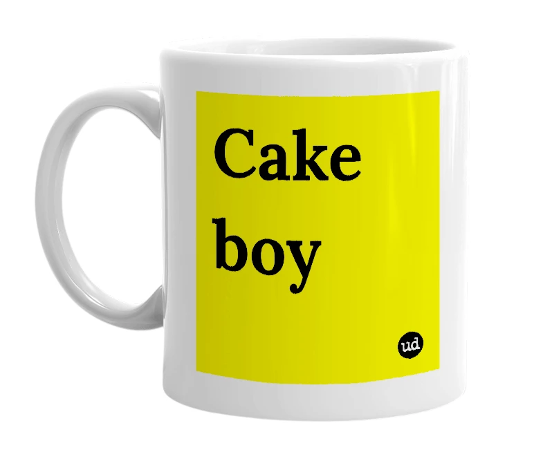 White mug with 'Cake boy' in bold black letters