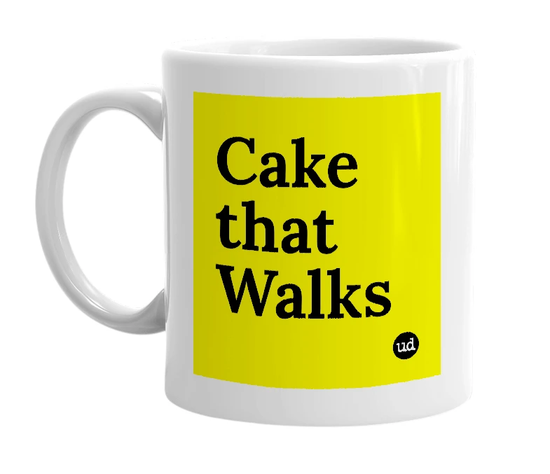 White mug with 'Cake that Walks' in bold black letters