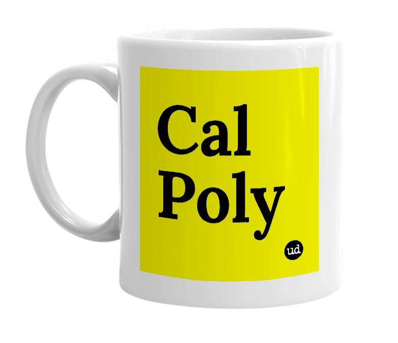 White mug with 'Cal Poly' in bold black letters