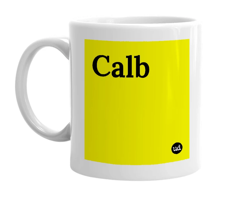 White mug with 'Calb' in bold black letters